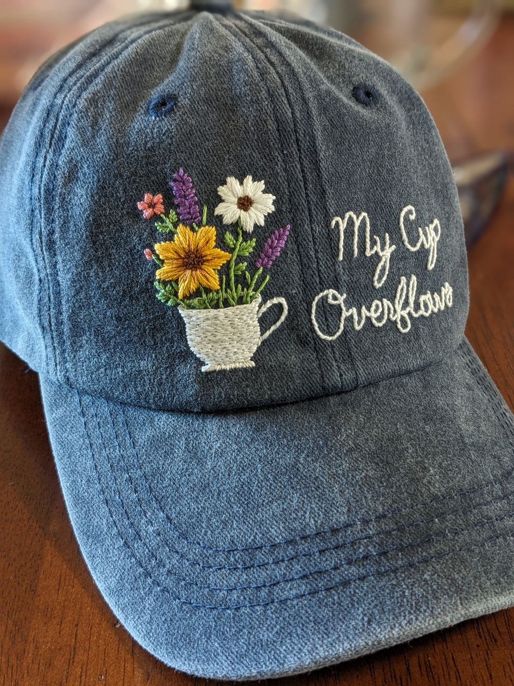 Hand Embroidered Floral Blue Baseball Cap - "My Cup Overflows"